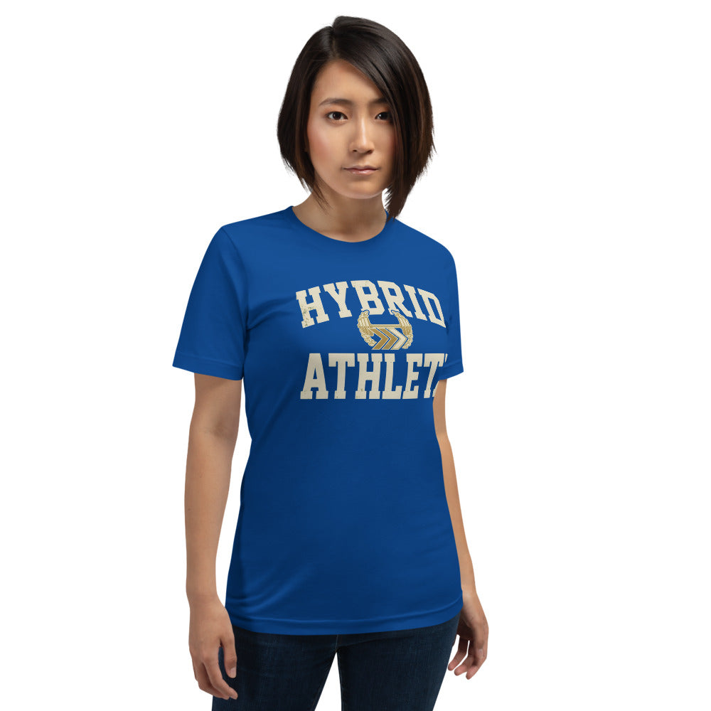 Hybrid Athlete vintage varsity tee — True Royal, on model
