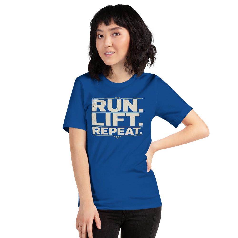 Run Lift Repeat vintage athletic tee — True Royal, on model