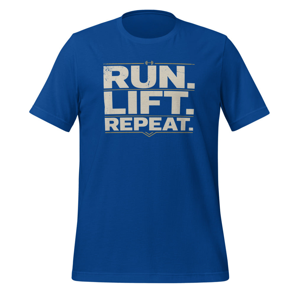 Run Lift Repeat vintage athletic tee — True Royal, front