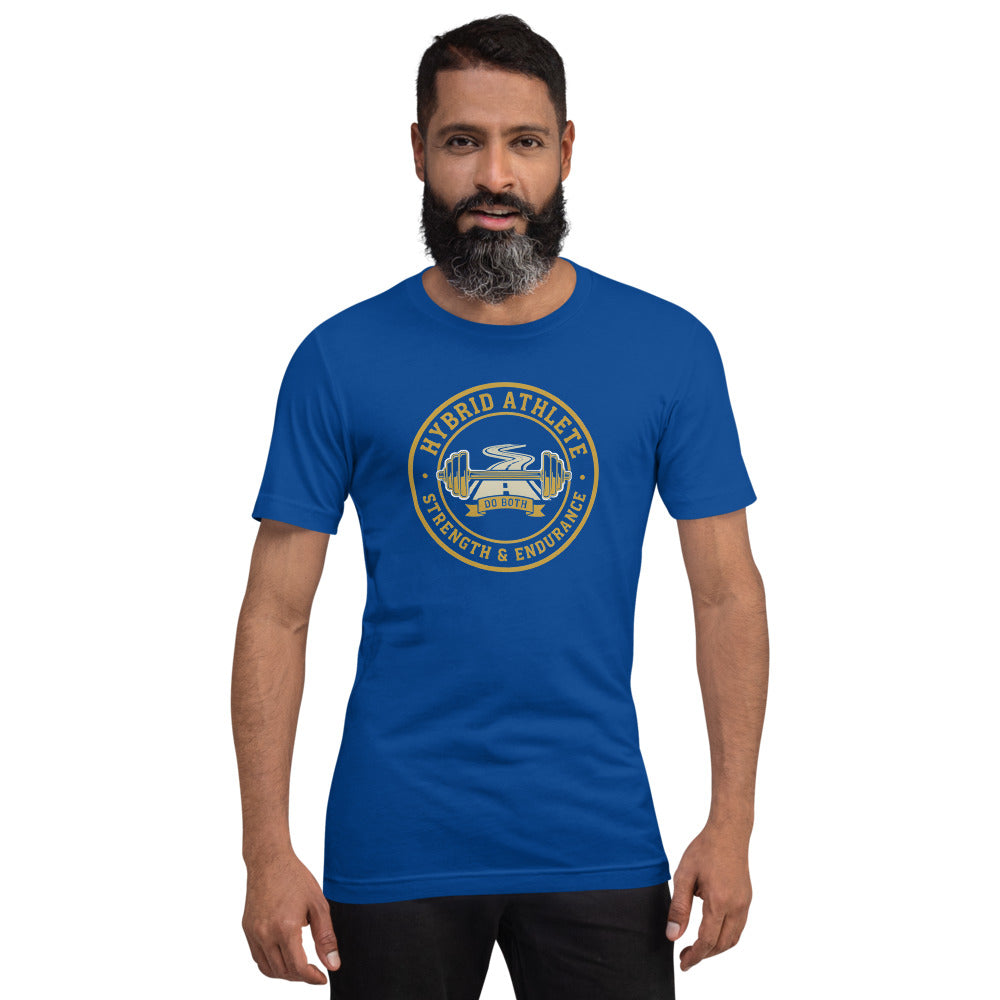 Hybrid Athlete vintage athletic-department crest tee — True Royal, on model