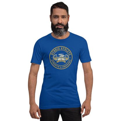 Hybrid Athlete vintage athletic-department crest tee — True Royal, on model