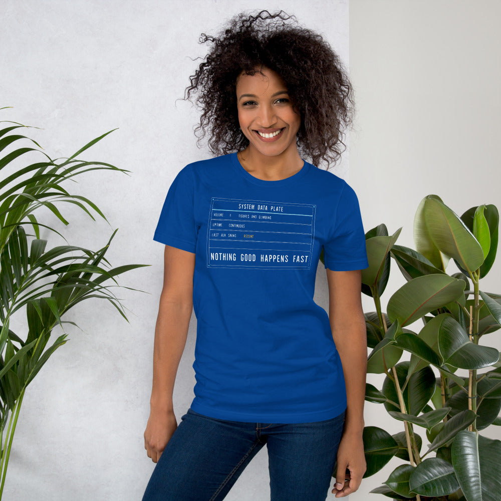 Nothing Good Happens Fast reef system data plate saltwater aquarium t-shirt — True Royal, on model