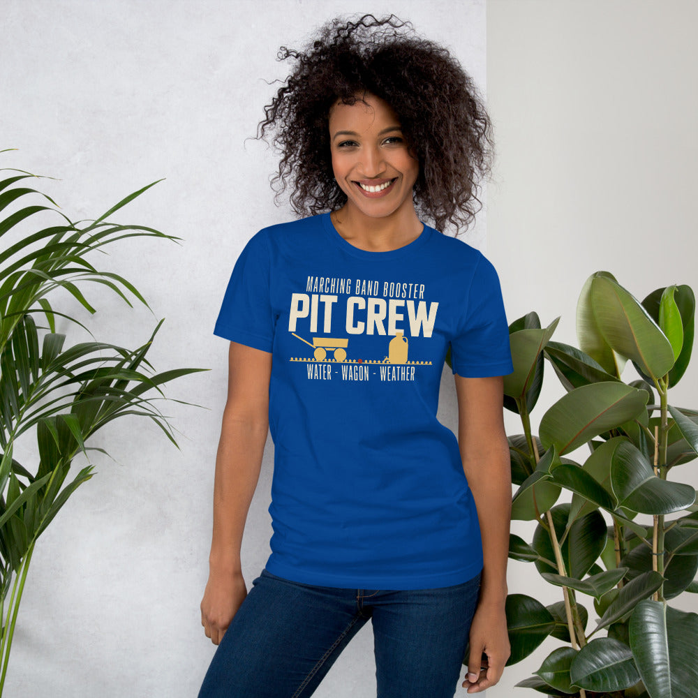 Pit Crew marching band booster t-shirt — True Royal, on model
