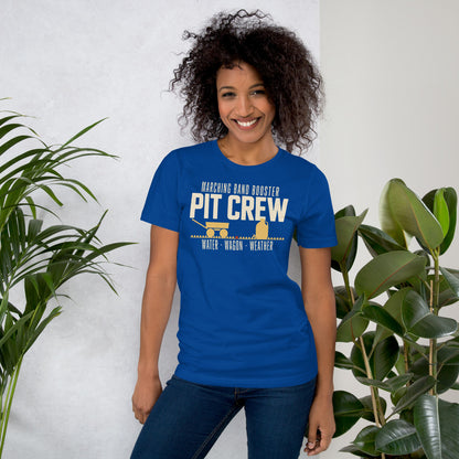 Pit Crew marching band booster t-shirt — True Royal, on model