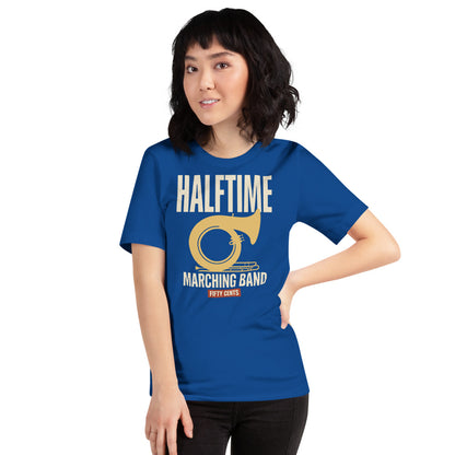 Official Halftime vintage marching band t-shirt — True Royal, on model