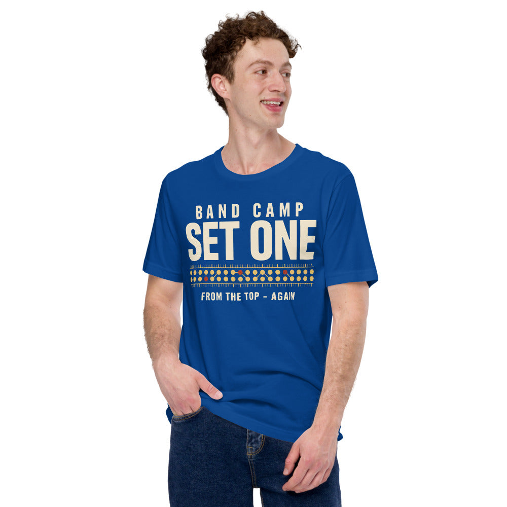 Set One marching band drill chart t-shirt — True Royal, on model