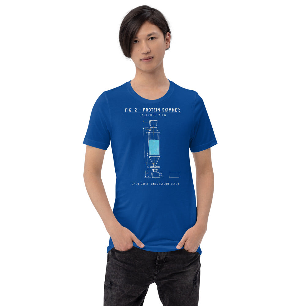 Protein Skimmer Exploded View reef tank saltwater aquarium t-shirt — True Royal, on model