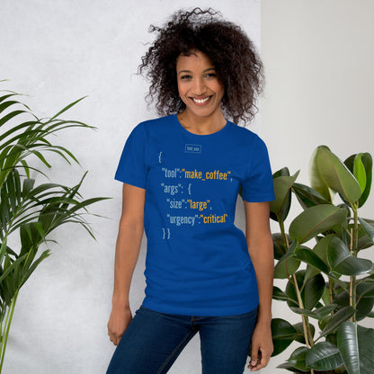 Tool Call Make Coffee AI engineer tee — True Royal, on model