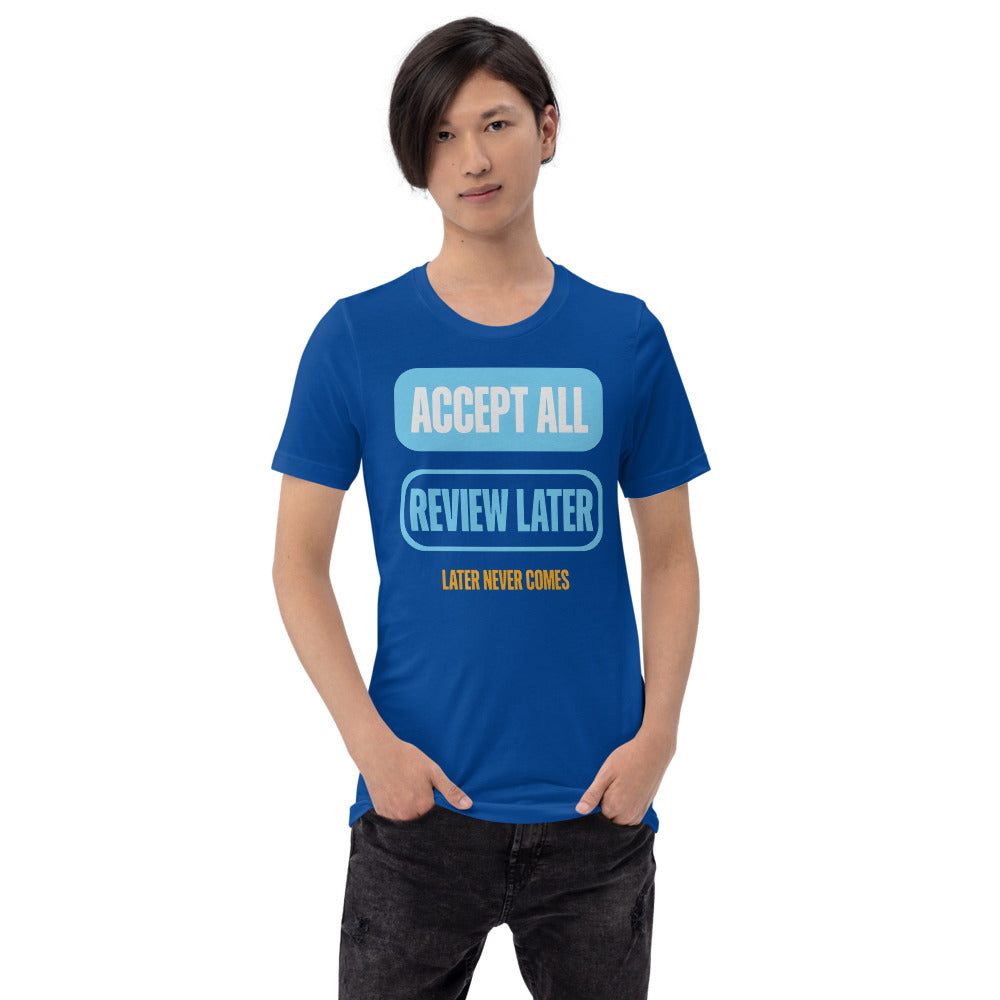 Accept All Review Later tee — True Royal, on model