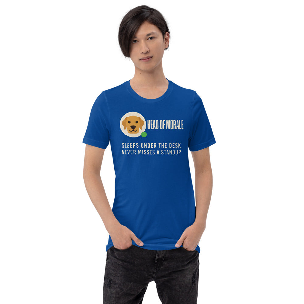 Head of Morale dog profile card unisex t-shirt — True Royal, on model