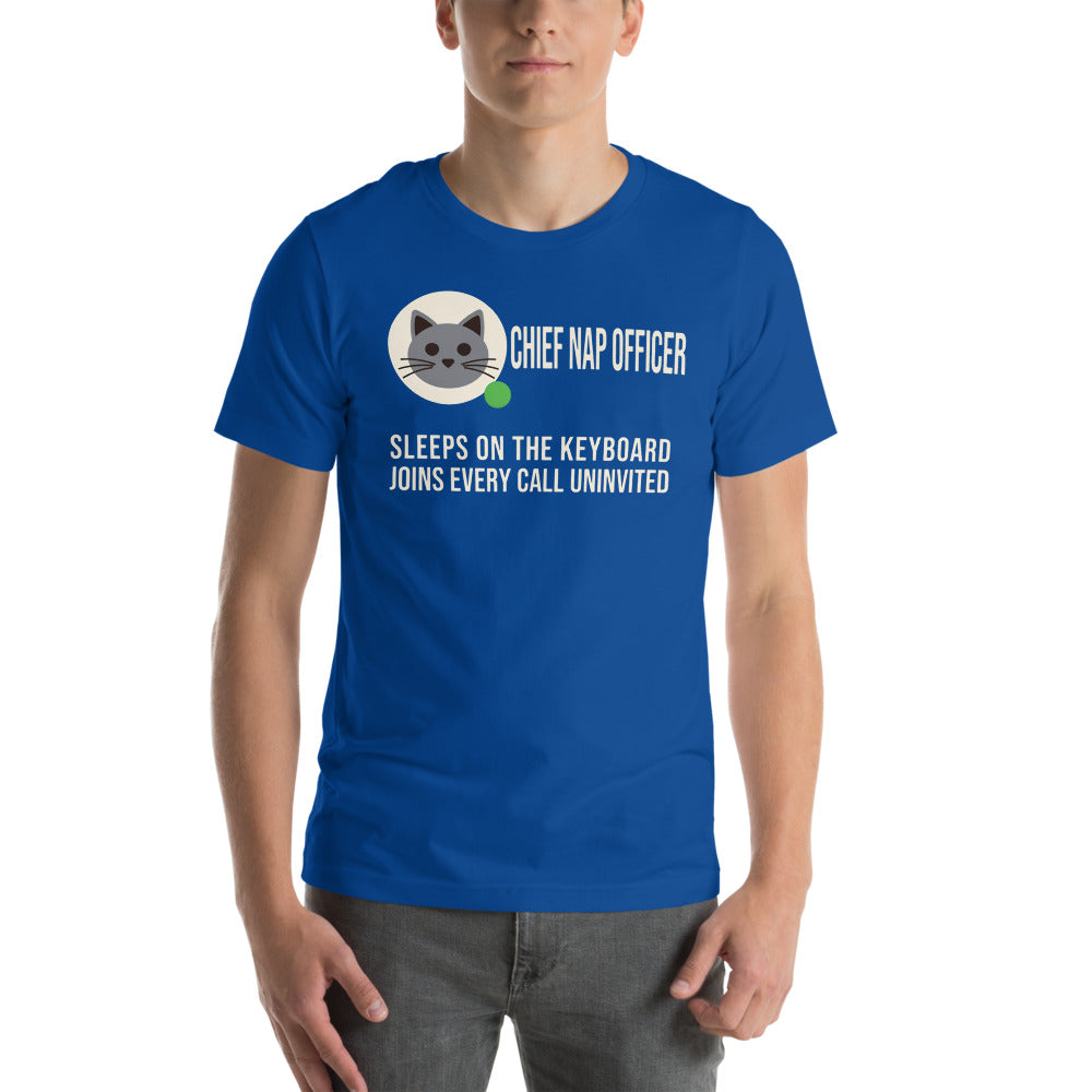 Chief Nap Officer cat profile card unisex t-shirt — True Royal, on model
