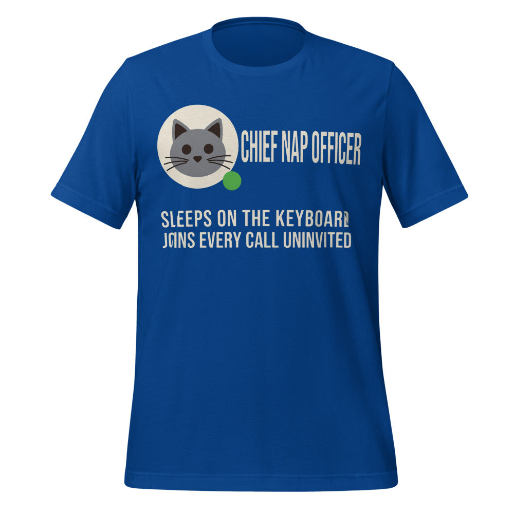 Chief Nap Officer cat profile card unisex t-shirt — True Royal, front