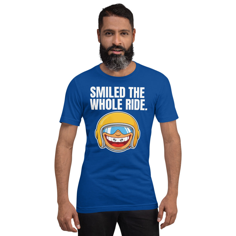 Smiled The Whole Ride funny motorcycle tee — True Royal, on model