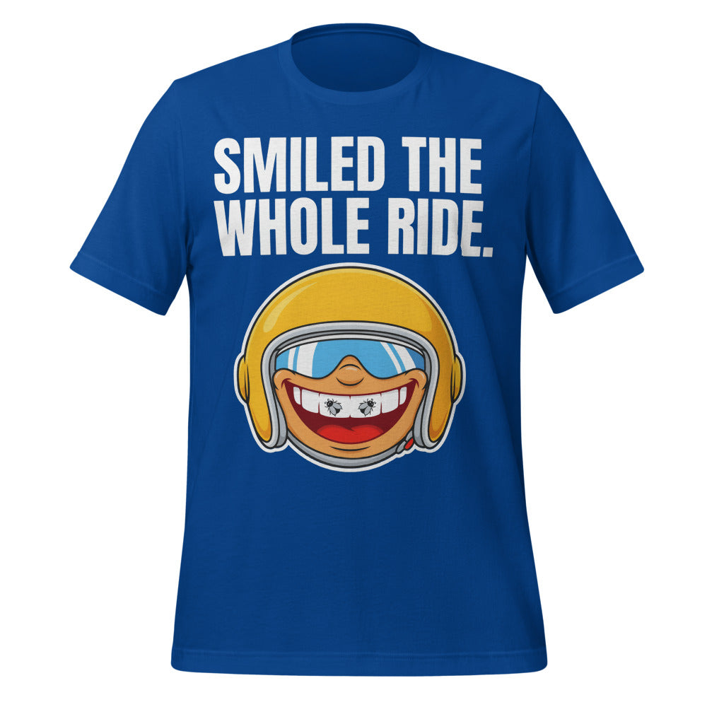 Smiled The Whole Ride funny motorcycle tee — True Royal, front