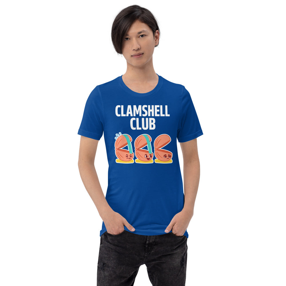 Clamshell Club funny physical therapy tee — True Royal, on model