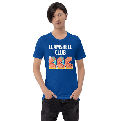 Clamshell Club funny physical therapy tee — True Royal, on model