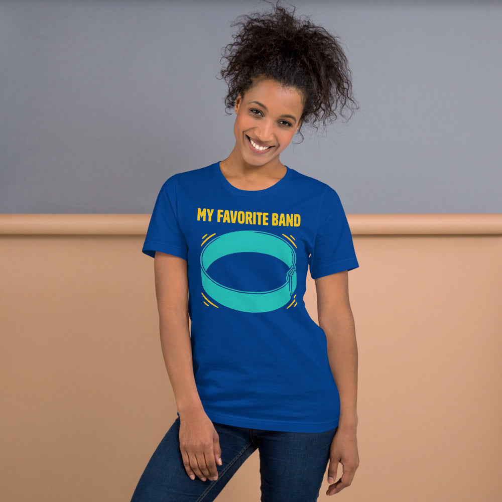My Favorite Band funny physical therapy tee — True Royal, on model