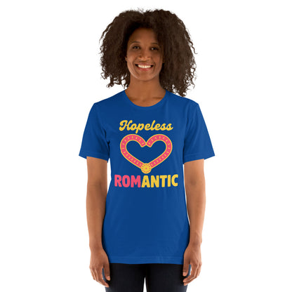 Hopeless ROMantic funny physical therapy tee — True Royal, on model