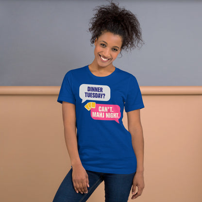 Mahj Night funny mahjong tee — True Royal, on model