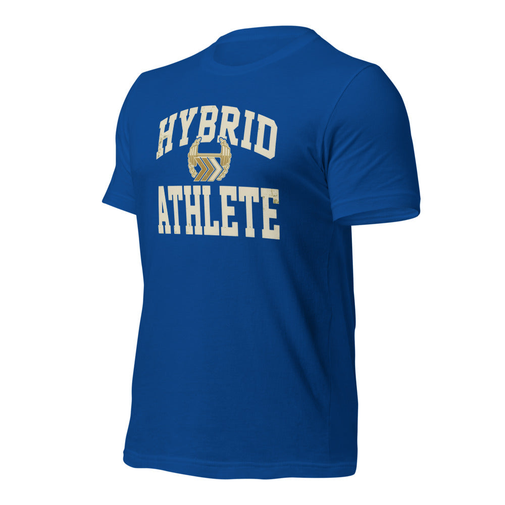 Hybrid Athlete vintage varsity tee — True Royal, front-right