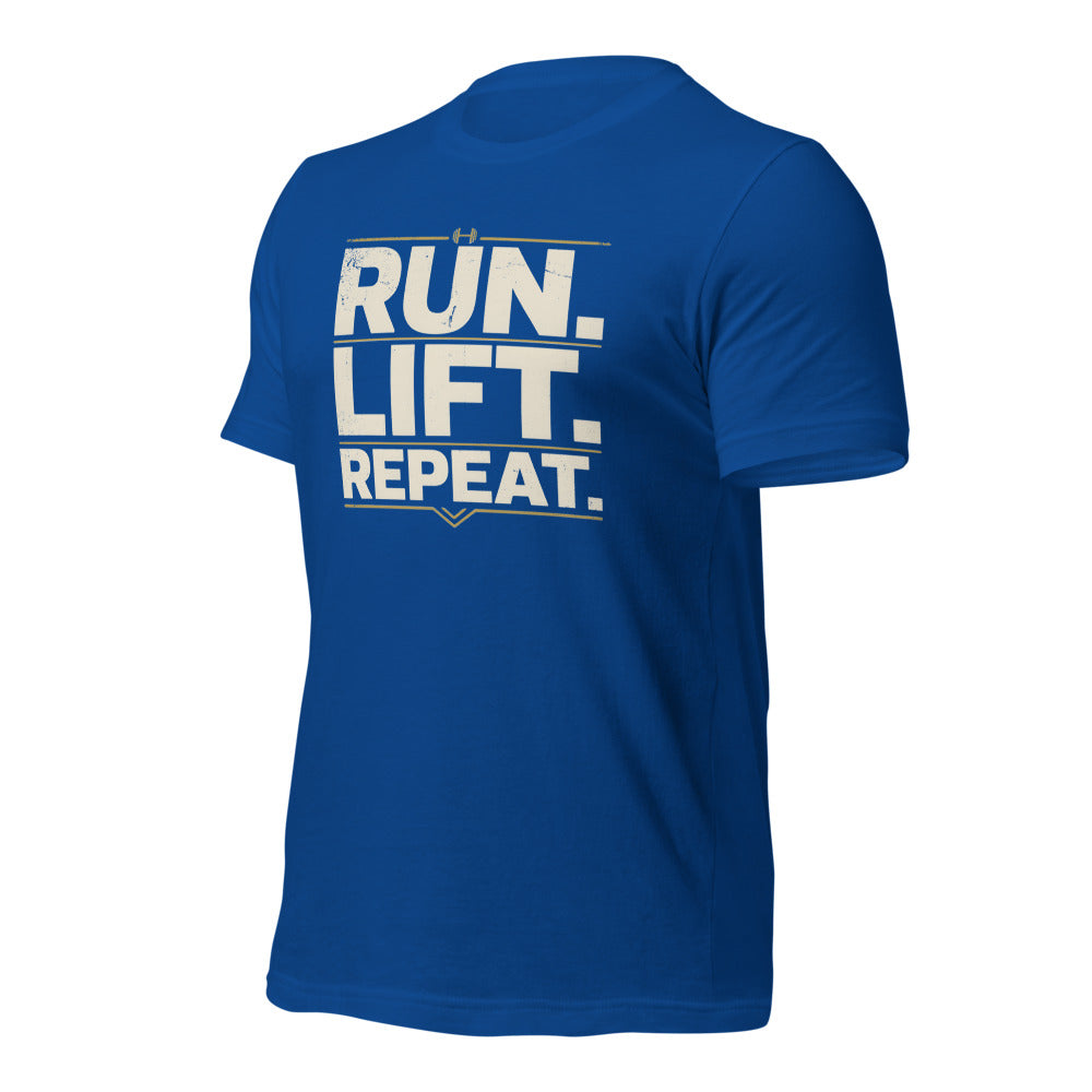 Run Lift Repeat vintage athletic tee — True Royal, front-right