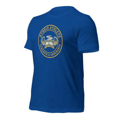 Hybrid Athlete vintage athletic-department crest tee — True Royal, front-right