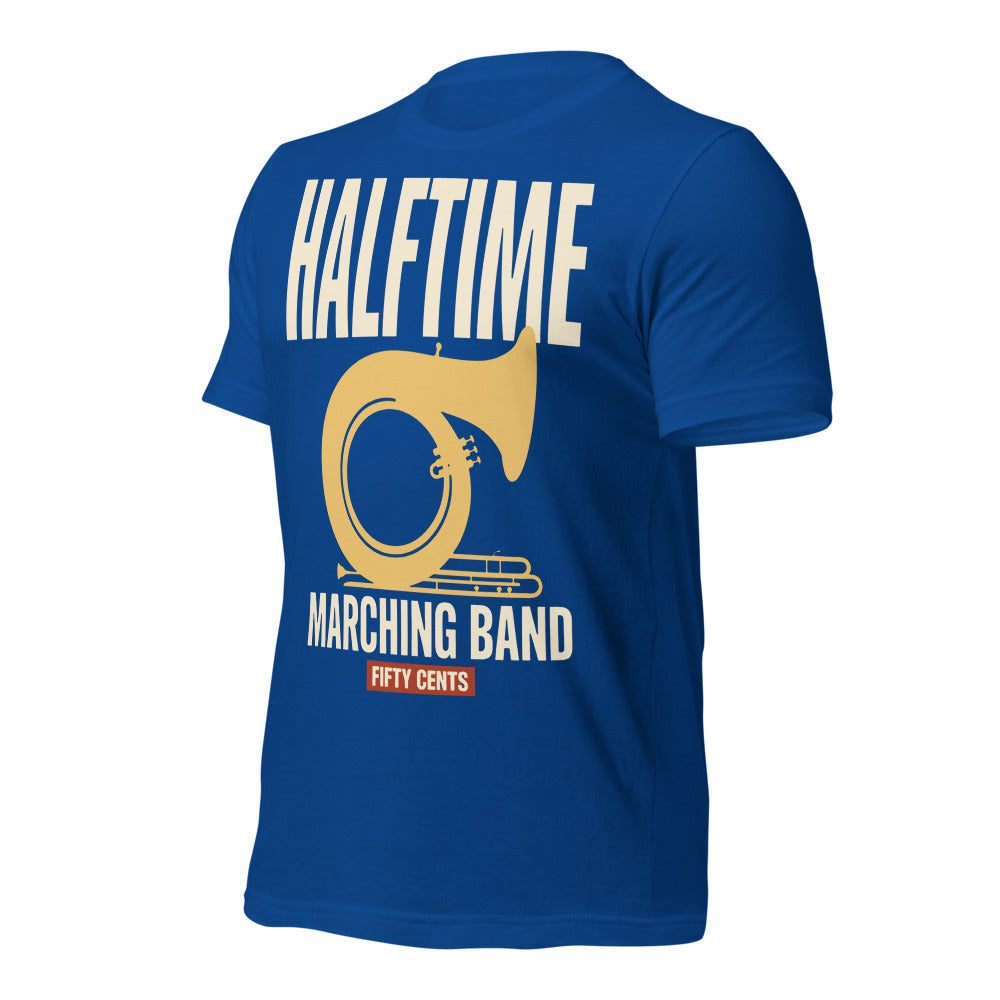 Official Halftime vintage marching band t-shirt — True Royal, front-right