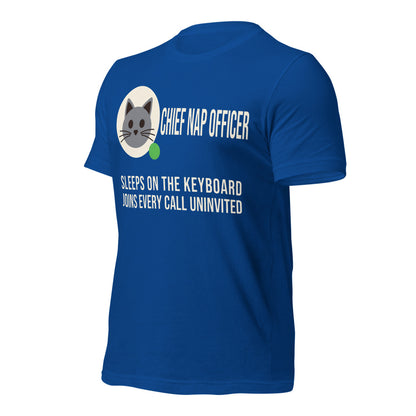 Chief Nap Officer cat profile card unisex t-shirt — True Royal, front-right