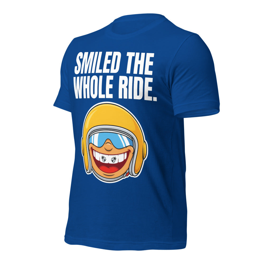 Smiled The Whole Ride funny motorcycle tee — True Royal, front-right