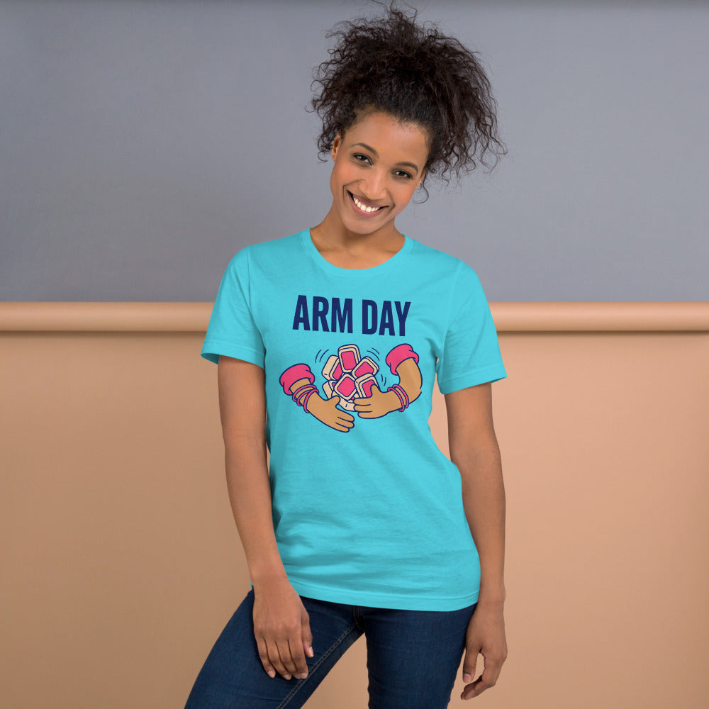 Arm Day funny mahjong tee — Turquoise, on model
