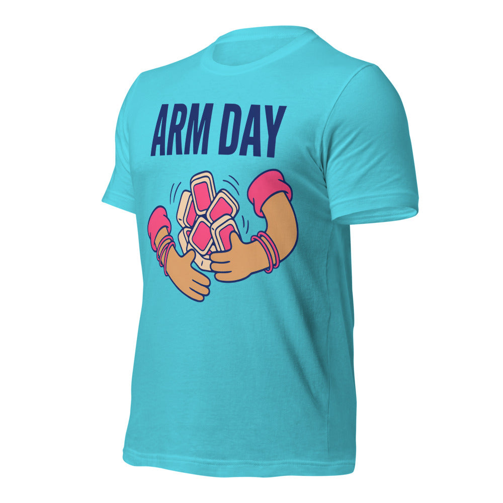Arm Day funny mahjong tee — Turquoise, front-right