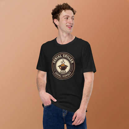 Serial Griller funny BBQ tee — Vintage Black, on model