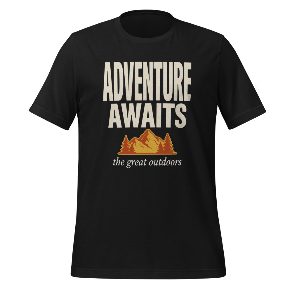 Adventure Awaits retro outdoors typography tee — Vintage Black, front