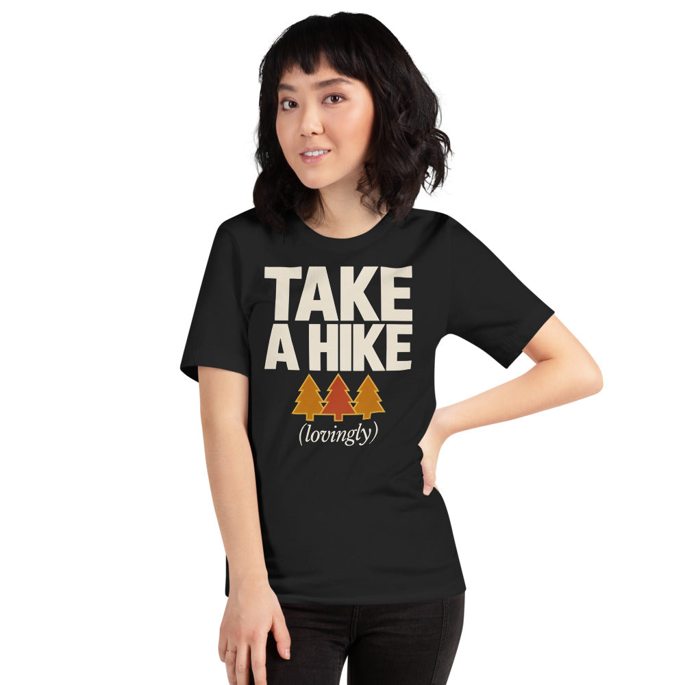 Take a Hike retro outdoors humor typography tee — Vintage Black, on model