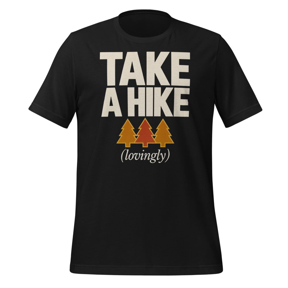 Take a Hike retro outdoors humor typography tee — Vintage Black, front