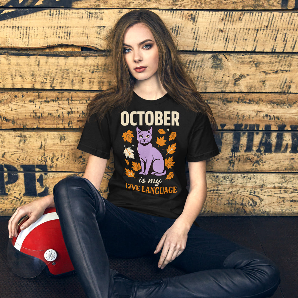 October Is My Love Language retro Halloween black cat tee — Vintage Black, on model