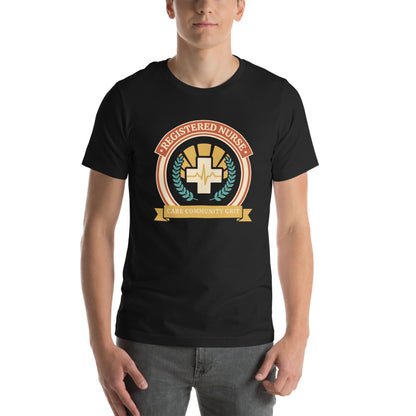 Registered Nurse vintage healthcare emblem badge tee — Vintage Black, on model