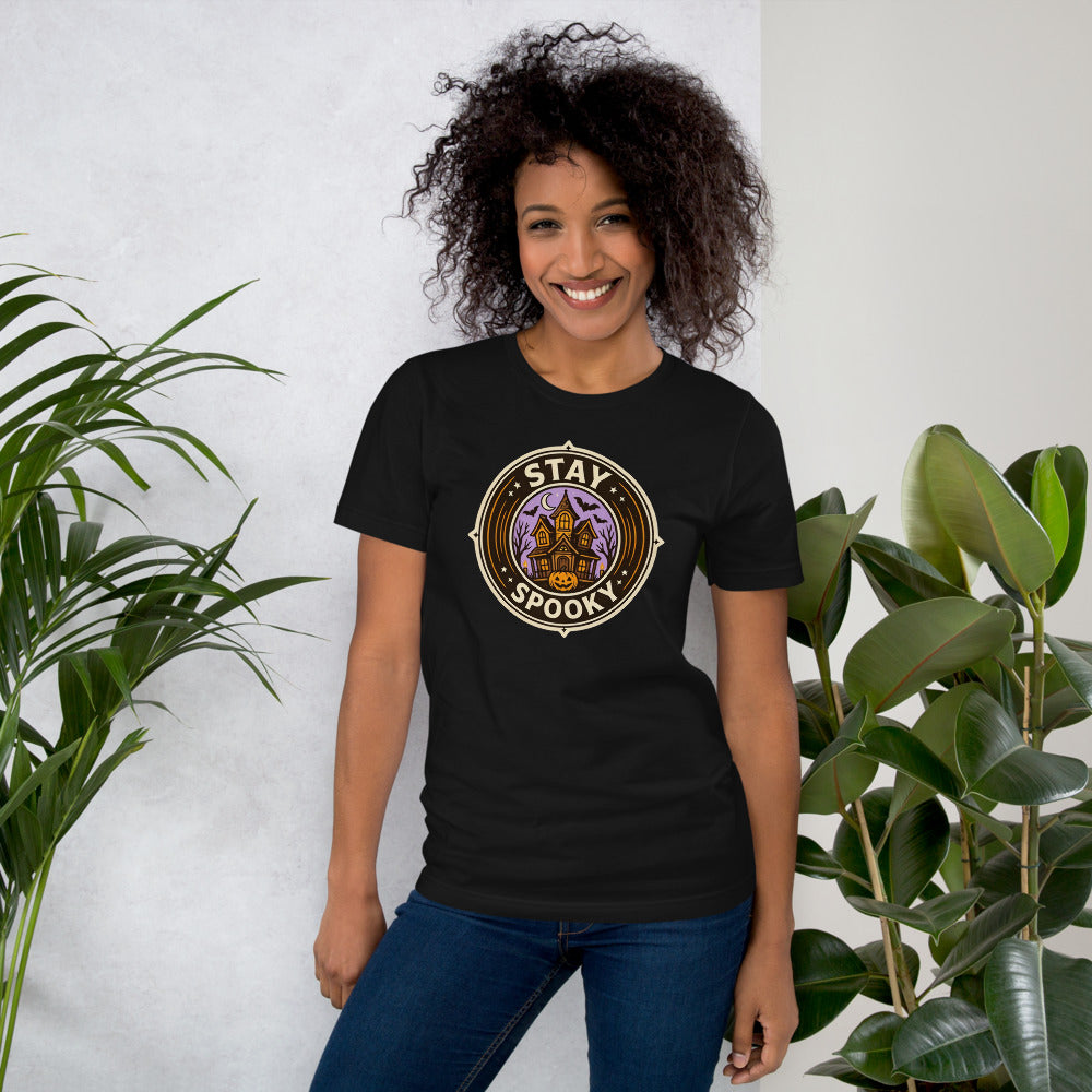Stay Spooky retro Halloween vintage badge tee — Vintage Black, on model