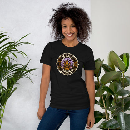 Stay Spooky retro Halloween vintage badge tee — Vintage Black, on model