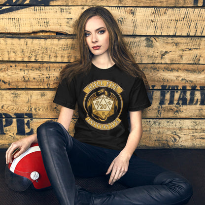 Roll For Initiative d20 dragon tabletop RPG tee — Vintage Black, on model