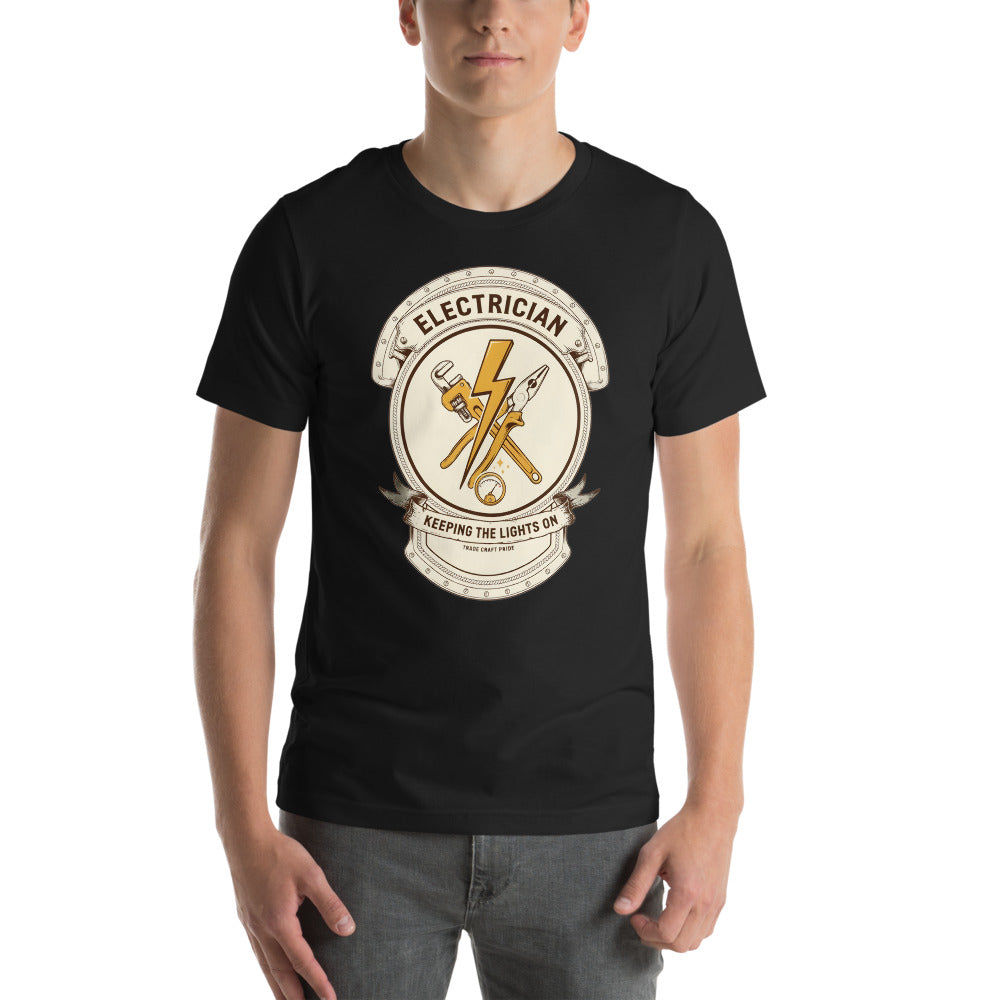 Electrician Journeyman trade crest tee — Vintage Black, on model
