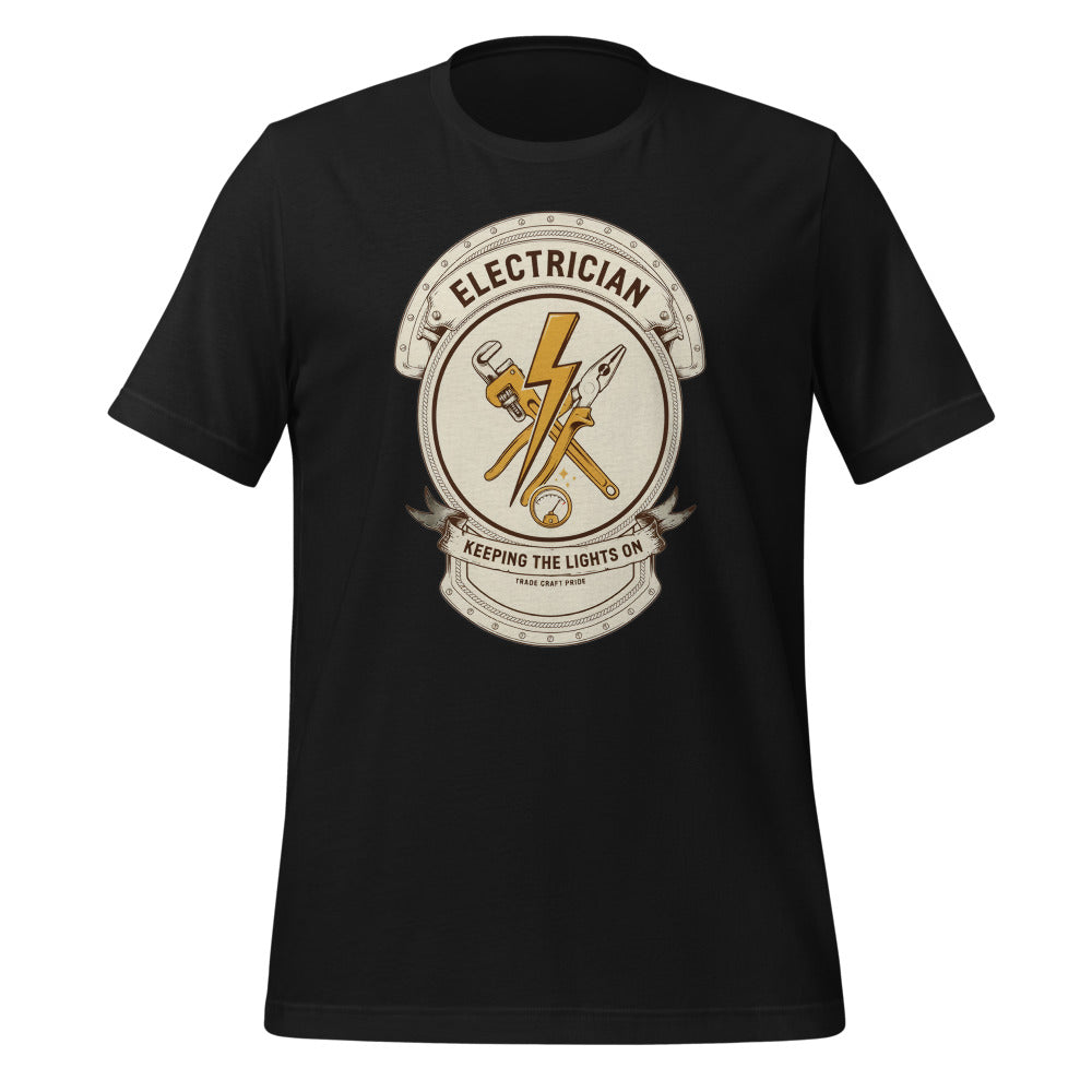 Electrician Journeyman trade crest tee — Vintage Black, front