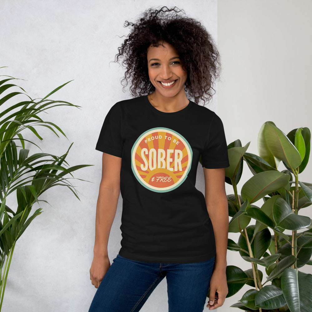 Sober & Proud retro sunburst tee — Vintage Black, on model
