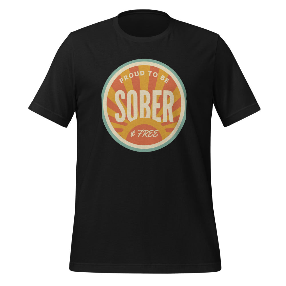 Sober & Proud retro sunburst tee — Vintage Black, front