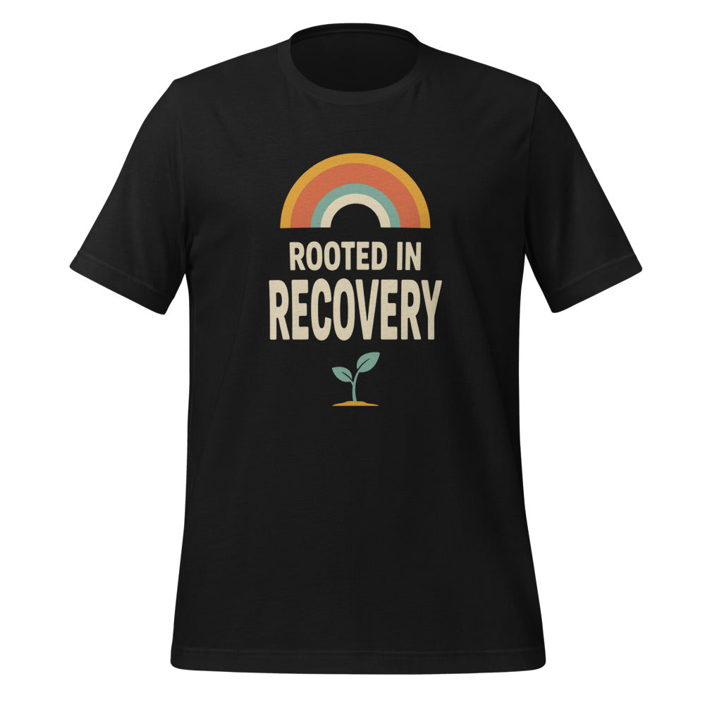 Rooted in Recovery retro rainbow tee — Vintage Black, front