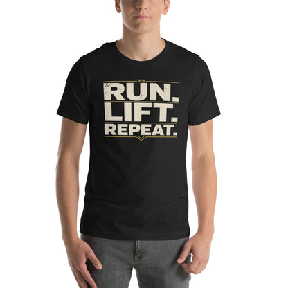 Run Lift Repeat vintage athletic tee — Vintage Black, on model