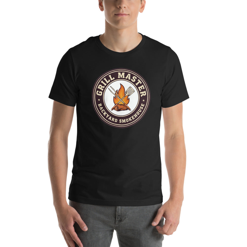Grill Master retro backyard smokehouse tee — Vintage Black, on model