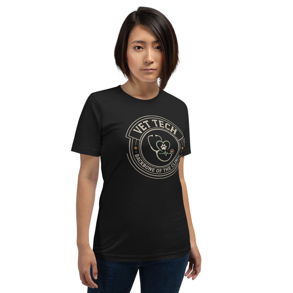 Vet Tech Crest retro veterinary technician tee — Vintage Black, on model
