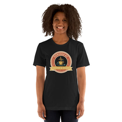 Powered by Coffee & Chaos retro nurse badge tee — Vintage Black, on model