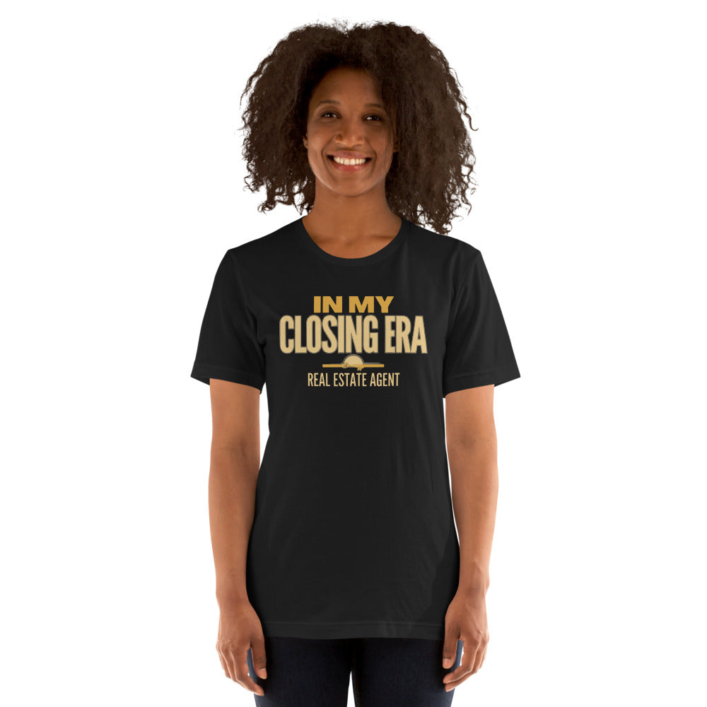 In My Closing Era real estate agent tee — Vintage Black, on model